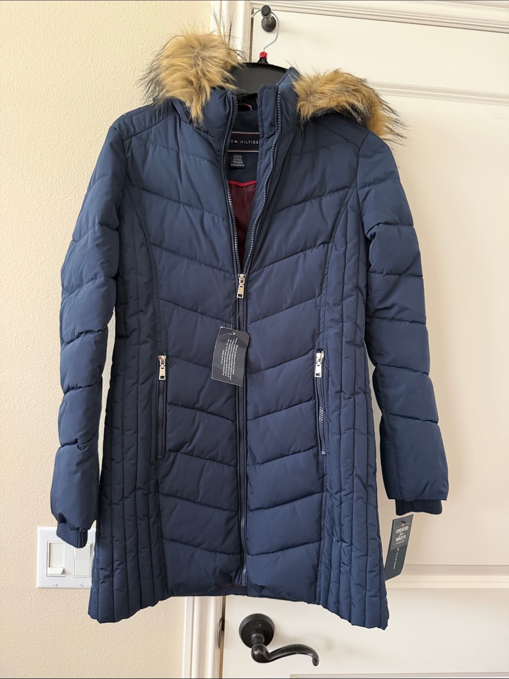 Tommy Hilfiger Navy Quilted Puffer Coat with Faux Fur Hood Trim